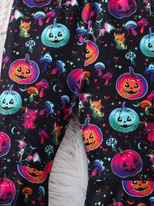 Girl's All-In-One Jumpsuit With Glow-In-The-Dark Pumpkin Print, Suitable For Halloween Party, Fashionable And Casual, Spring/Fall/Winter - Multicolor - View 7