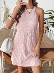 Chiquease Đầm midi dệt kim hở lưng màu hồng thanh lịch, vừa vặn, giản dị, phù hợp với mọi mùa - Màu Hồng baby - Xem 1