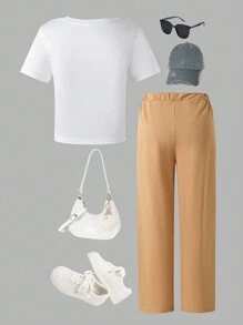 2pcs/Set Teenage Girls Casual Short Sleeve T-Shirt And Solid Color Pants Set, Spring & Autumn