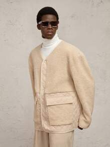 Mainfolk Men's Contrast Color Patchwork Loose Fleece Padded Coat,Corduroy & Shearling Multi-Pockets Jacket,Beige,Winter,Modest,Date Letter Logo Metal Buttons Flap Detail Coat - Apricot - View 6
