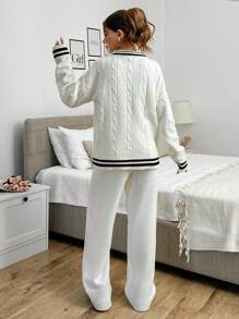 EURMUSE 2 Stücke/Set Lässig College Stil Farbblock Streifen Zopfstrick Pullover und Hose Set - Beige - Übersicht 4
