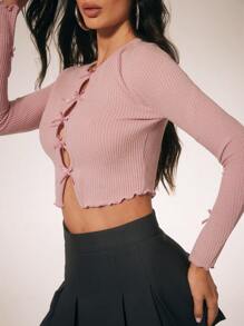 SURIMA Camiseta de manga larga con cuello en forma de lazo tejida con costillas de color rosa para mujer, top de regreso a casa de otoño/invierno de manga larga color rosa