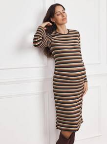 SHEIN MaterniWear Vintage Bell-Sleeve Bodycon Maternity Dress, Autumn - Multicolor - View 5