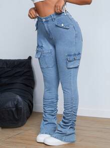 SHEIN ICON Plus Size Casual Washed Crinkle Skinny Fit Cargo Jeans - Dusty Blue - View 3