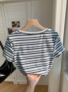 Comfortcana Áo thun nữ tay ngắn dệt kim sọc nhiều màu dáng ôm vừa vặn - trắng - Xem 2