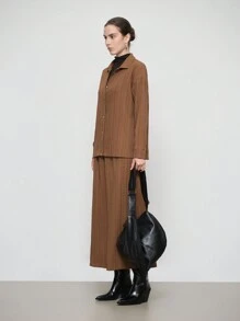 SHEIN LUNE 2 件套女士纯色落肩长袖纽扣衬衫和中长裙休闲套装，秋季 - 棕色 - 查看 4