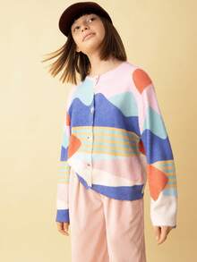 SHEIN 女童印花图案多色纽扣前长袖休闲衬衫毛衣，秋冬 - 彩色 - 查看 6