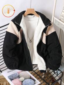 Tween Boys Contrast Corduroy Patchwork Printed Casual Jacket, Ideal For Daily Wear - Black and White - View 1