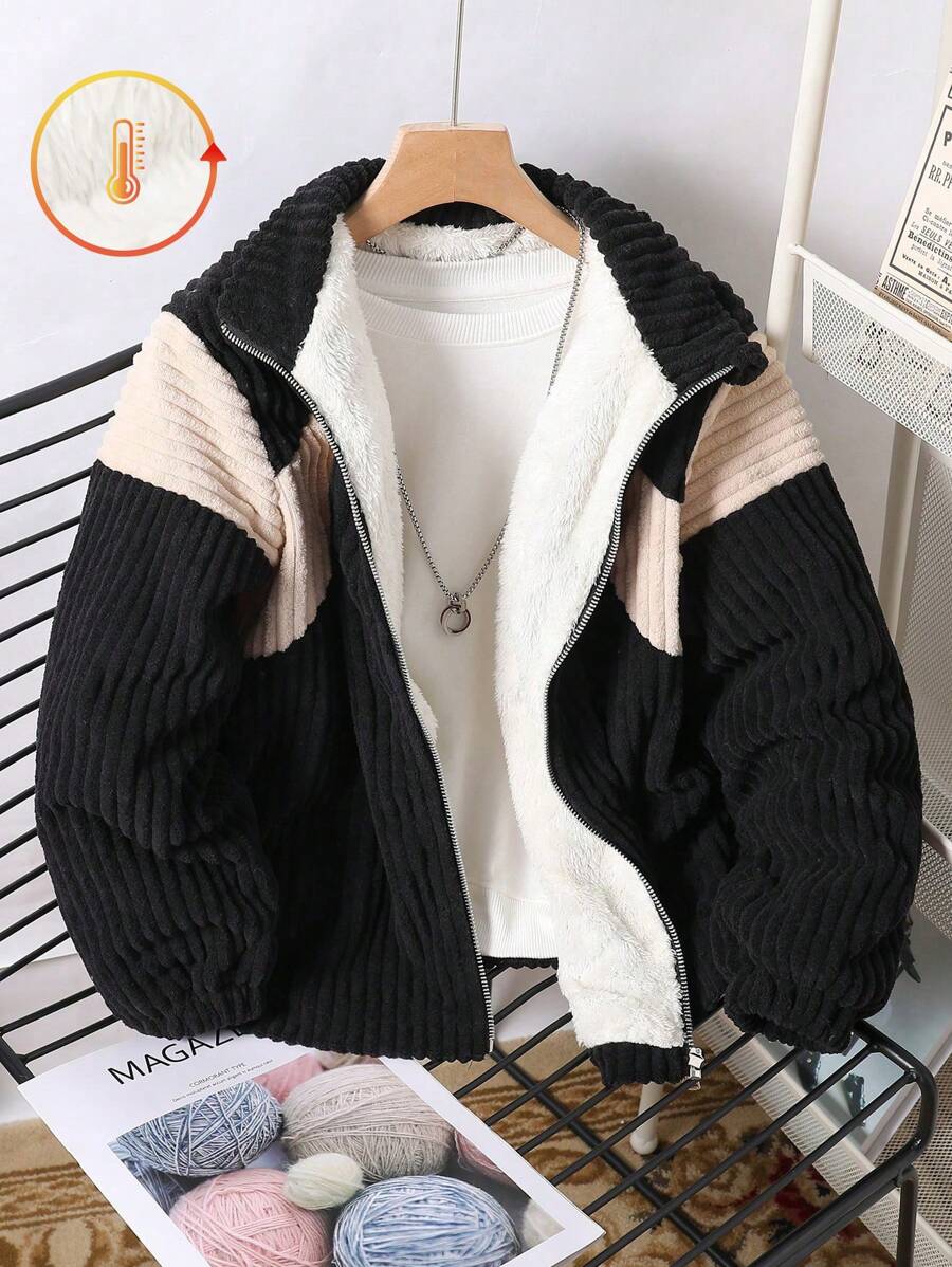 Tween Boys Contrast Corduroy Patchwork Printed Casual Jacket, Ideal For Daily Wear - Black and White - View 1