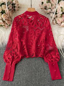 SHEIN Clasi Women's Casual Hollow-Out Water-Soluble Lace Front Button Decorated Blouse, Autumn For New Year Holiday Party Clothes Women Shirt