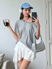 INAWLY Women's Solid Color Minimalist Off Shoulder T-Shirt