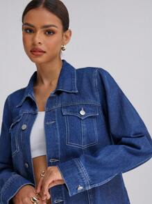 Forever 21 秋冬新款翻领洗水休闲牛仔夹克 - 藍色 - 查看 5