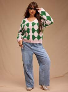 Forever 21 Plus Size Women Casual Dropped Shoulder Loose Checker Pattern Fluffy Knit Button Front Cardigan - Multicolor - View 4