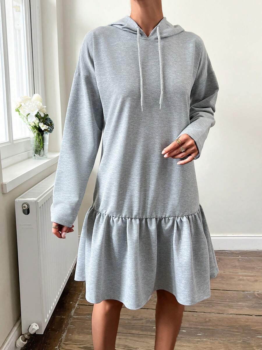 RueChic Drop Shoulder Ruffle Hem Drawstring Hooded Dress - Grey - View 1