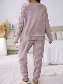 SHEIN Clasi Plus Size Lace Patchwork Ribbed Knit Long Sleeve Top And Pants Casual 2 Pieces Set - Pink - View 2