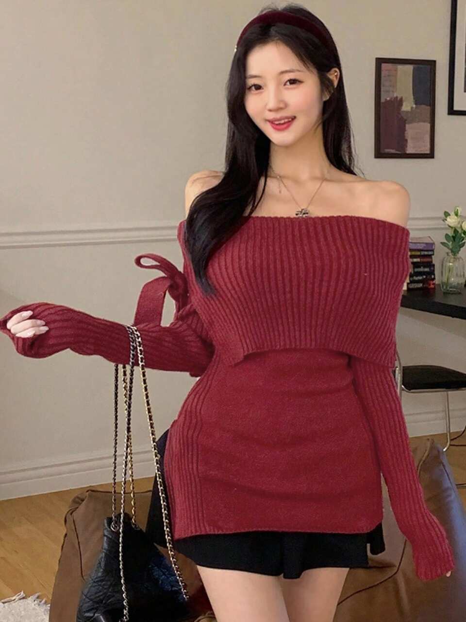 Women's V-Neck Off Shoulder Bowknot Slim Slit Knitted Sweater, Christmas ,Holiday,Fall Clothes