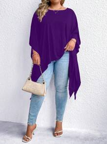 SHEIN Clasi Áo thun rộng cổ tròn màu trơn cỡ lớn, không đối xứng, mùa thu/hè - Màu tím - Xem 5