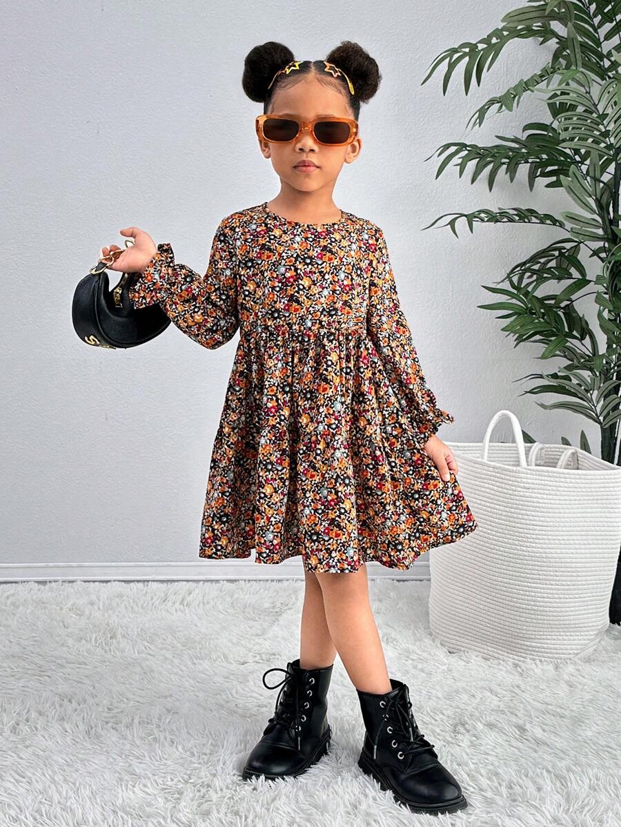 SHEIN Kleine Mädchen Urban Chic Kleid mit Ditsy Blumen Muster, Langarm, Webware, NOVA Store