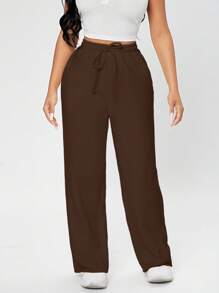 SHEIN PETITE Quần nỉ mùa xuân có túi xéo có dây rút ở eo - màu nâu - Xem 5