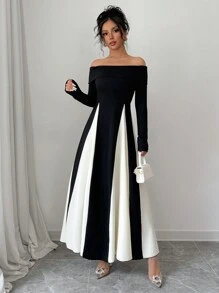 Chiquease 女士秋冬露肩撞色腰 A 字长袖连衣裙长款女装 - 黑色 - 查看 3