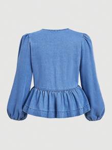 SHEIN MOD Plus Size Denim Blouse With Ruffled Puff Sleeves In Blue