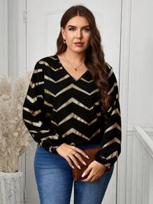 SHEIN LUNE Damen Herbstoutfits, Langarm-Blusen, Damenblusen in Große Größen, V-Ausschnitt Langarm minimalistische Lässig Tops, Party Kleidung, Pailletten, Pendler Damen Hemden, Urlaubsoutfit