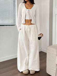 Flirla Áo len cardigan ngắn màu trơn thời trang giản dị dành cho nữ - trắng - Xem 6