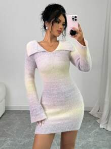 Elenzga Vestido suéter feminino Ombre gola alta manga comprida justo elegante, outono/inverno - Multicolorido - Ver 3