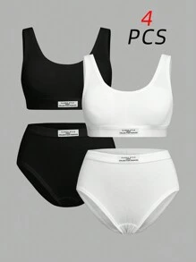 SHEIN 4pcs Tween Girls' Casual Letter Decor Vest Top With Removable Padding & Breathable Triangular Bras Underwear Set - Black and White - View 1