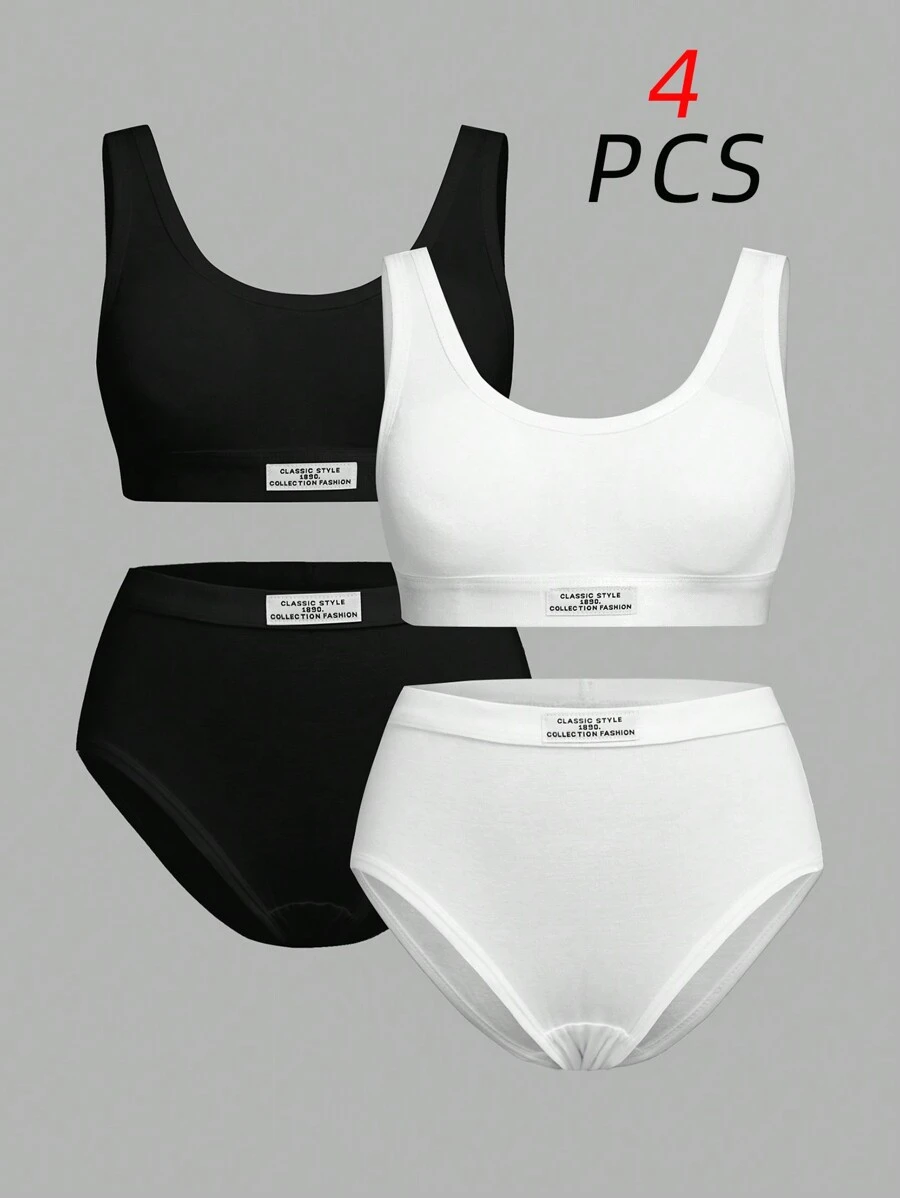 SHEIN 4pcs Tween Girls' Casual Letter Decor Vest Top With Removable Padding & Breathable Triangular Bras Underwear Set - Black and White - View 1