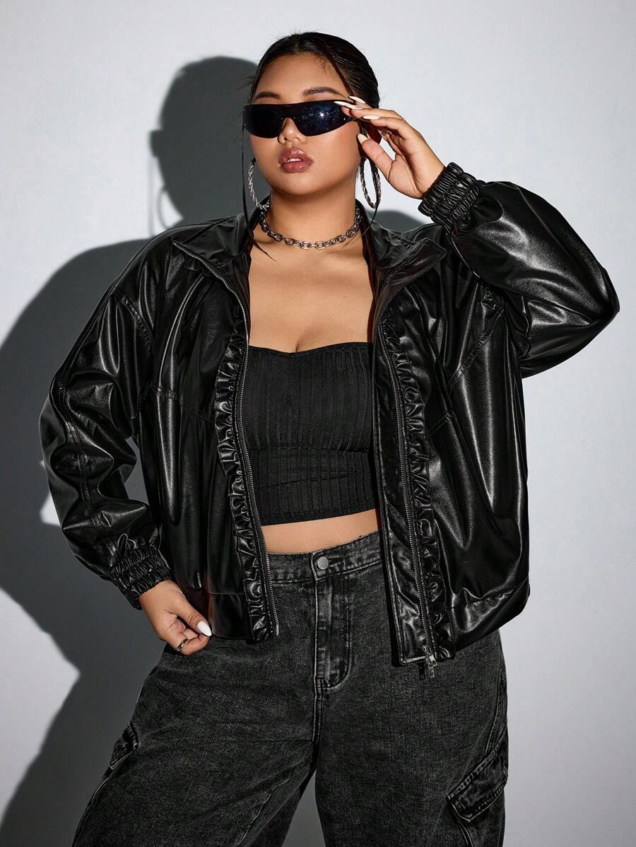 SHEIN ICON 大码女式秋季宽松落肩PU皮革荷叶边领夹克 - 黑色 - 查看 1