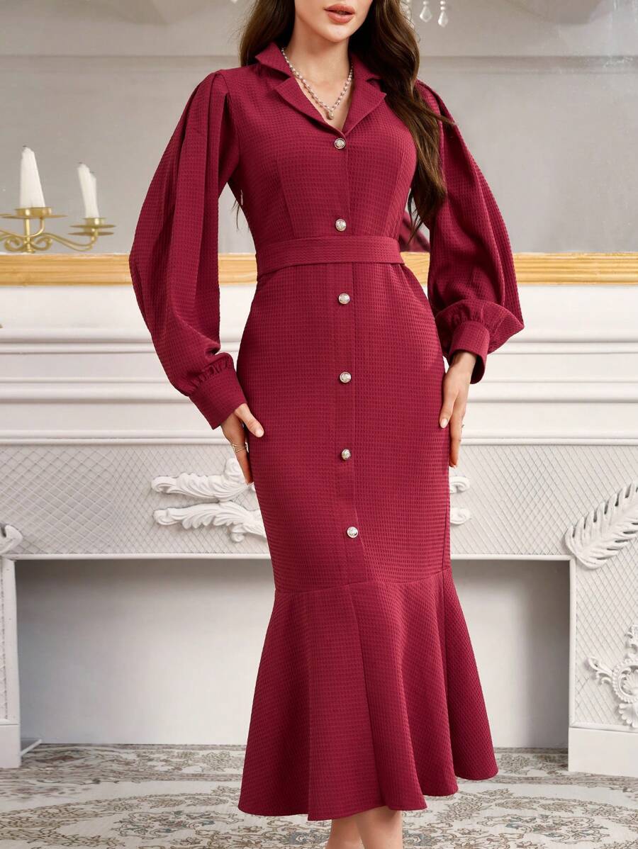 Modelyn Váy dài họa tiết tổ ong thắt eo viền đuôi cá cho nữ, Đầm dạ hội dài phong cách thanh lịch - Màu đỏ tím - Xem 1