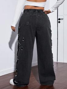 SHEIN ICON Quần Jeans Boyfriend Ống Rộng Thời Trang Cỡ Lớn Đã Giặt Cũ - màu đen - Xem 2