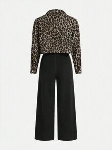 SHEIN Essnce Conjuntos de mujer Ropa de mujer Conjuntos de otoño para mujeres 2 piezas Blusa con botones y estampado de leopardo y conjunto de mono de tirantes de color liso Mono de camisola liso y conjunto de camisa con estampado de leopardo