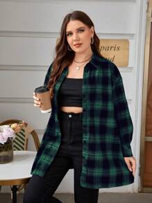 Calvaya Plus Size Dames Plaid Drop Shoulder Lange Mouw Losse Casual Shirt Voor De Herfst