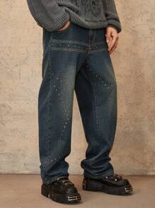 ROMWE MEN Grunge Punk Quần Jeans Baggy Denim Đơn Giản Thường Ngày Cho Nam Có Trang Trí Đinh Tán - Màu xanh lam - Xem 5