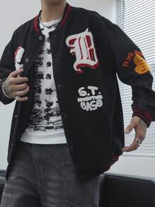 Manfinity EMRG Męska jesienna swobodna kurtka dżinsowa z nadrukiem i czaszką świąteczną, zapinana na guziki, luźna, akademicka, ciemna, na imprezę, prezent dla chłopaka