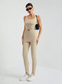 SHEIN Tall 2 sztuki Jednolity Kolor Casual Tank Top I Spodnie Zestaw, Wiosna Jesień