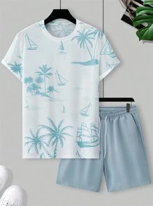 Manfinity RSRT Bộ áo thun nam cổ tròn tay ngắn in hình cây cọ mùa hè kèm quần short cạp rút, trang phục thoải mái, đi nghỉ mát - Nhiều màu - Xem 3