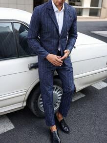 Manfinity Bizformal Men's Striped Lapel Neck Long Sleeve Single-Breasted Jacket And Pants Set, Fashionable Casual Suit - Navy Blue - View 3