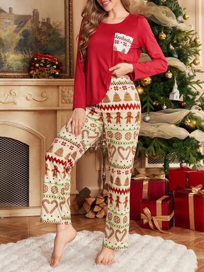 CoupledUp Set de 2 piezas de pijama con bloque de color e impresión navideña que incluye top de manga larga y pantalones - Pijama de pan de jengibre, ropa de otoño e invierno