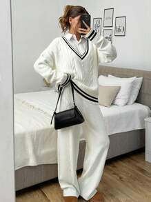 EURMUSE 2 Stücke/Set Lässig College Stil Farbblock Streifen Zopfstrick Pullover und Hose Set - Beige - Übersicht 2
