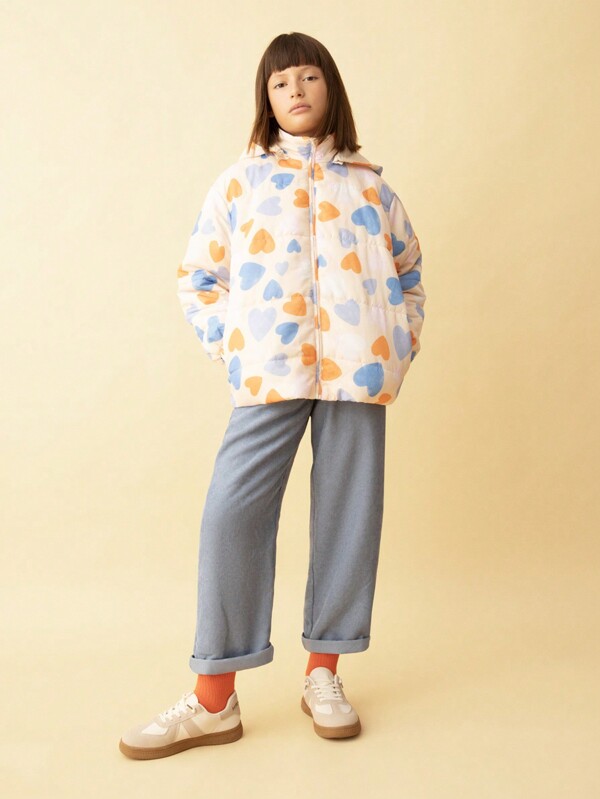 SHEIN Chaqueta informal con capucha desmontable con estampado de corazones de colores para niñas preadolescentes, para otoño e invierno