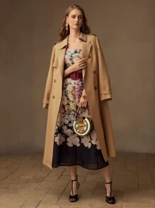 MOTF PREMIUM ORGANZA FLORAL PRINT SQUARE NECK FLARE HEM MIDI DRESS WITHOUT BELT, WOMEN OUTFIT