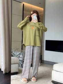 DAZY Conjunto de pijama informal con sudadera holgada con estampado de pan y pantalones a cuadros para el otoño