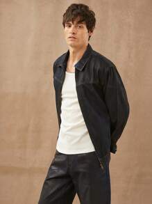 男士优质棉质牛仔深色涂层拉链夹克