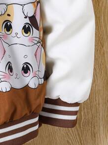 SHEIN Tween Girl Front Button Cat Print Long Sleeve Minimalist Hooded Casual Pullover