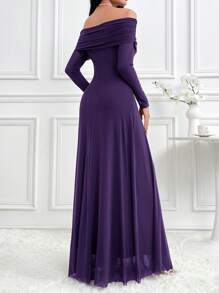 Modelyn 女士纯色露肩长袖休闲长款晚礼服 - 紫色 - 查看 2
