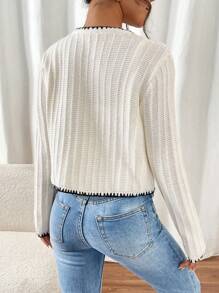 SHEIN Frenchy Áo khoác cardigan nữ tay dài, phối màu nổi bật, cài cúc phía trước, kiểu dáng cơ bản, thích hợp cho mùa Thu, Lễ Tạ ơn và mùa Đông. - Đen và trắng - Xem 2