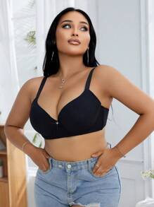 1 件简约纯色钢圈支撑文胸，带双纽扣闭合，加大码，适合女士 - 黑色 - 查看 4